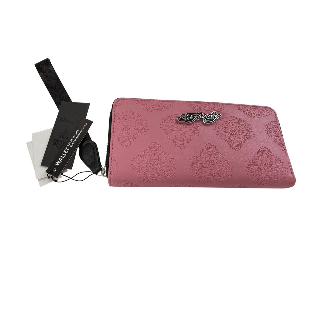 Ed Hardy Pink Vegan Leather Tiger Embossed Zip Around Wristlet Wallet Tattoo Art